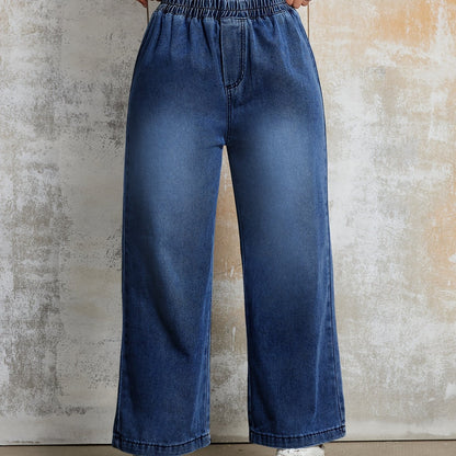 FlexDenim – Relaxed Wide-Leg Blue Denim Pants with Elastic High-Rise Waistband