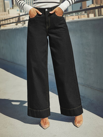 Wide-Leg Stretch Denim Jeans – High-Waist Flexible Comfort with Cuffed Hem