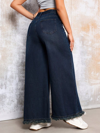 Solid Color Wide Leg Jeans – High-Rise Indigo Denim with Stretch Comfort