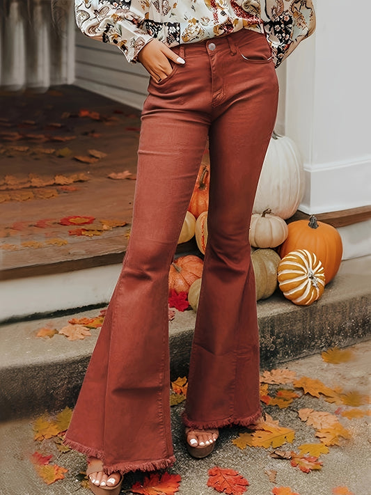 Cozy Autumn Reddish-Brown Flare Jeans – High-Rise Vintage Stretch Denim