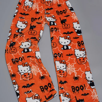 Damen Flanell Schlafhose | Warmes Polyester | Halloween Hello Kitty Druck | Gemütliche Lange Lounge-Pyjama-Hose