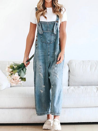 Loose Fit Distressed Denim Overalls™ — Effortless Comfort, Laid-Back Chic