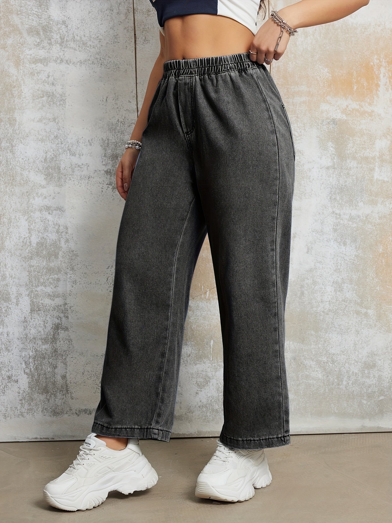 FlexDenim – Relaxed Wide-Leg Blue Denim Pants with Elastic High-Rise Waistband