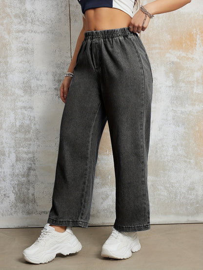 FlexDenim – Relaxed Wide-Leg Blue Denim Pants with Elastic High-Rise Waistband