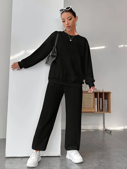 Women's Two-Piece Knit Loungewear Set | Solid Color | Oversized Crew-Neck Sweatshirt + Textured Knit Jogger Pants | Autumn Winter