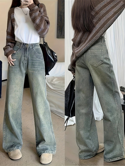 RetroLoom Vintage Denim Pants – Distressed Wide-Leg High-Waisted Jeans with Soft Comfort