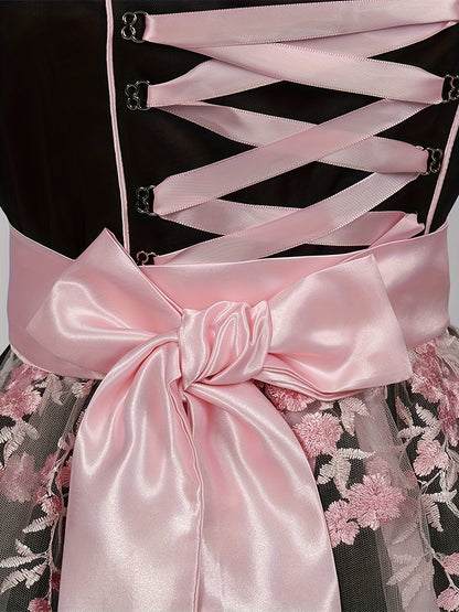 RosetteCharm Dirndl – Elegant Black Floral Embroidered Dress with Satin Sash