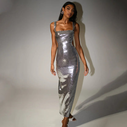 LioraGlint™ Maxi Dress — Sculpted Shine, Effortless Elegance