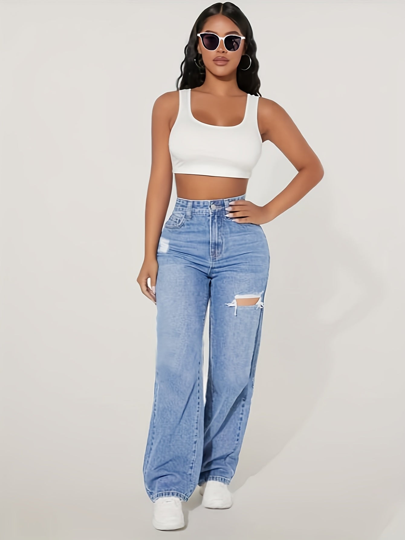 High-Waisted Wide-Leg Ripped Jeans – Comfortable Stretch Denim with Modern Distressed Look