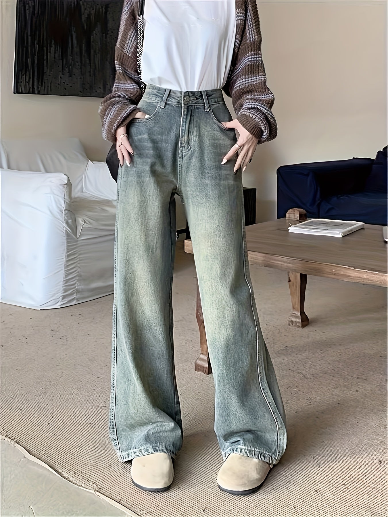 RetroLoom Vintage Denim Pants – Distressed Wide-Leg High-Waisted Jeans with Soft Comfort