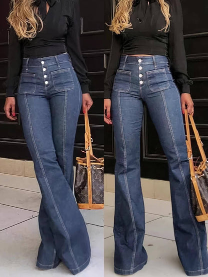 Retro High-Rise Wide-Leg Jeans – Figure-Flattering Vintage Denim with Button Details