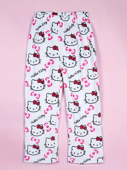 Damen Flanell Schlafhose | Warmes Polyester | Halloween Hello Kitty Druck | Gemütliche Lange Lounge-Pyjama-Hose