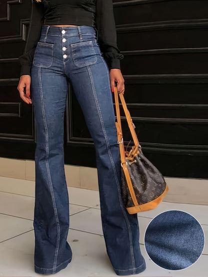 Retro High-Rise Wide-Leg Jeans – Figure-Flattering Vintage Denim with Button Details