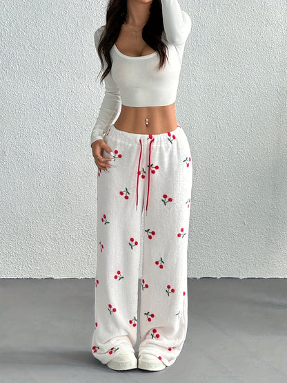 Women's Fleece-Lined Pajama Pants | Cherry Print | Adjustable Drawstring | Warm Flannel Lounge Wear for Fall Winter