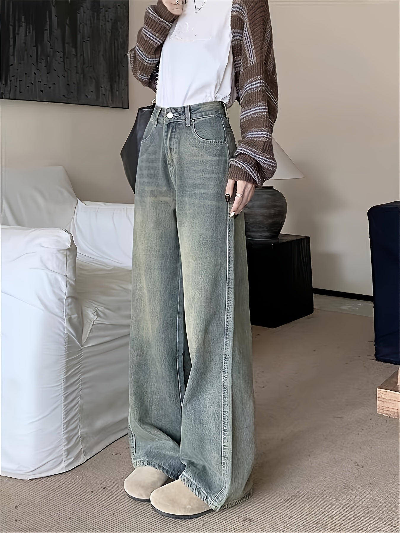 RetroLoom Vintage Denim Pants – Distressed Wide-Leg High-Waisted Jeans with Soft Comfort