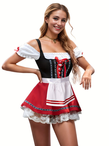 Red Oktoberfest Dirndl Dress – Fit & Flare Off-Shoulder Traditional Costume