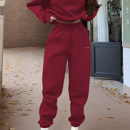 Damen-Sportset für Frühling/Herbst, 100% Polyester Langarm-Pullover mit besticktem Alphabet-Design, Rundhals-Absatzschulter Strickstoff, mittlere Dehnung, locker sitzendes Sweatshirt und Hose Set