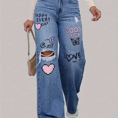 TrendFlex Jeans – High-Waist Wide-Leg Denim with Bold Graphic Prints