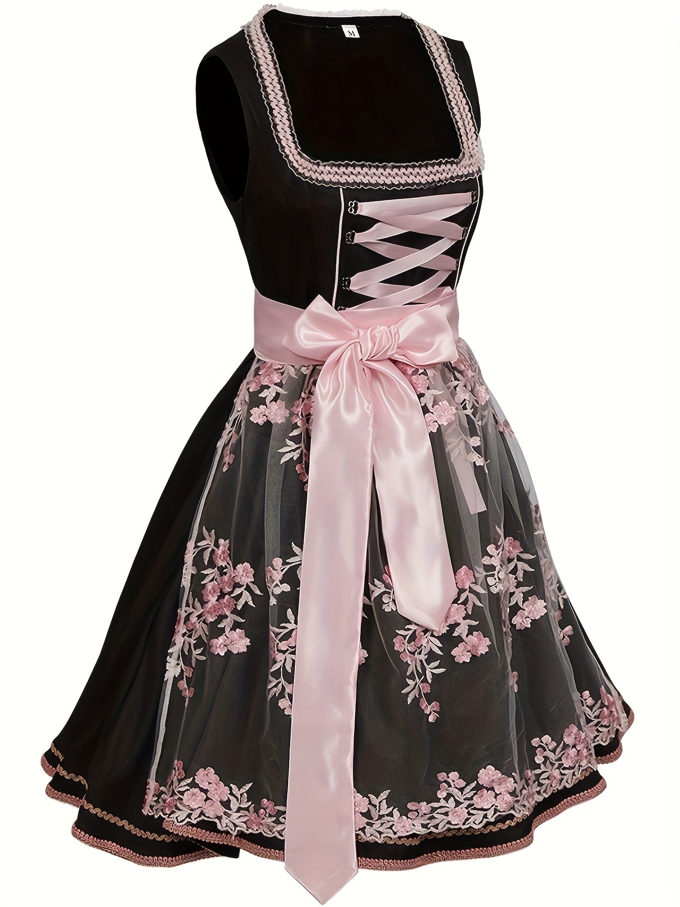RosetteCharm Dirndl – Elegant Black Floral Embroidered Dress with Satin Sash