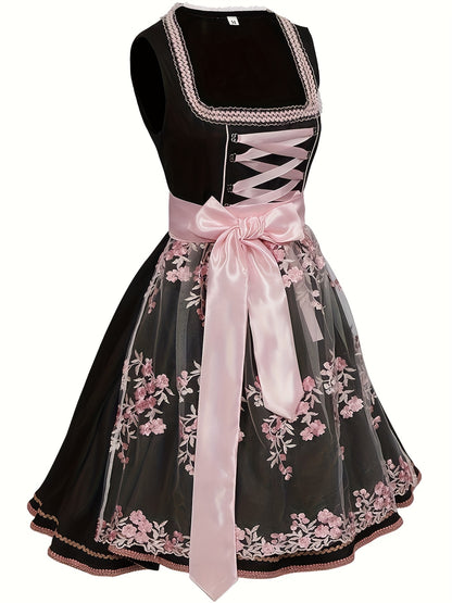RosetteCharm Dirndl – Elegant Black Floral Embroidered Dress with Satin Sash