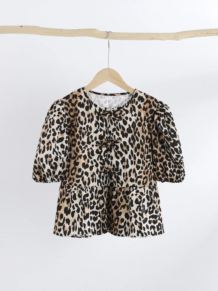 Leopard Bow Puff Sleeve Top™ — Feminine Flair Meets Effortless Charm