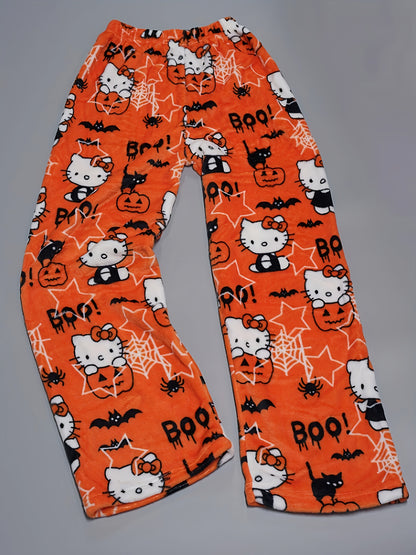 Damen Flanell Schlafhose | Warmes Polyester | Halloween Hello Kitty Druck | Gemütliche Lange Lounge-Pyjama-Hose