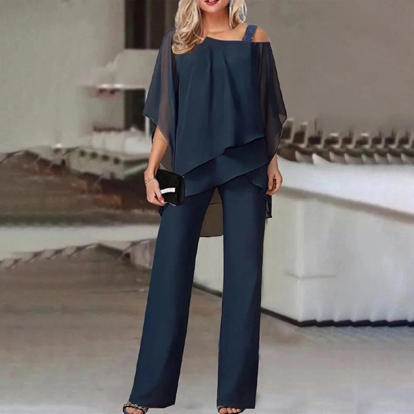 MaraisVue™ Navy Blue Cold-Shoulder Jumpsuit — Sleek Comfort Meets Evening Elegance