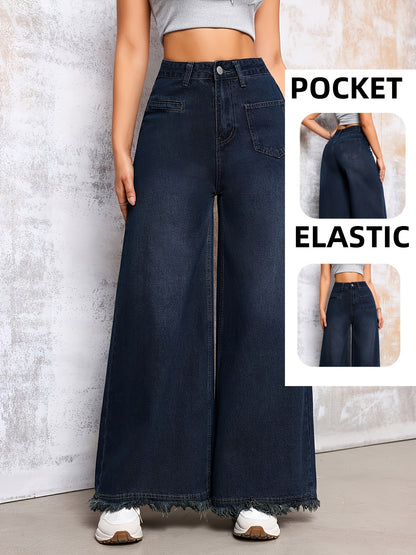 Solid Color Wide Leg Jeans – High-Rise Indigo Denim with Stretch Comfort