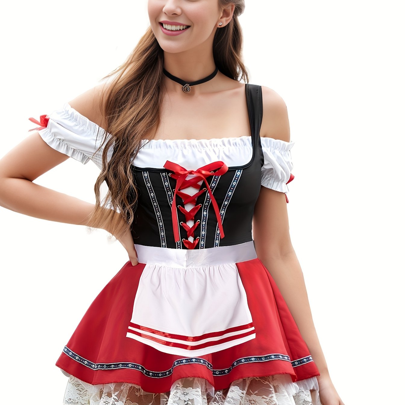 Red Oktoberfest Dirndl Dress – Fit & Flare Off-Shoulder Traditional Costume
