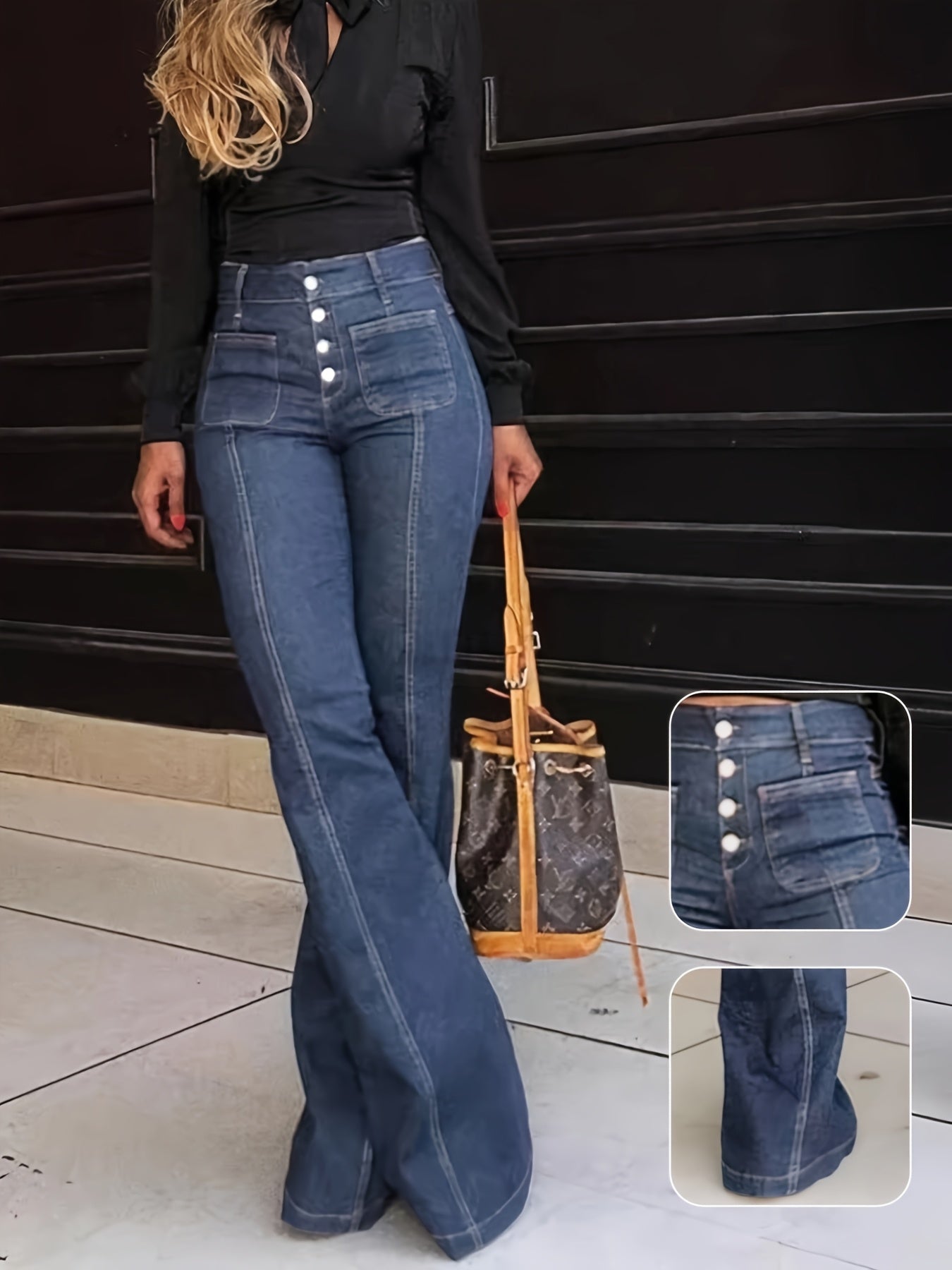 Retro High-Rise Wide-Leg Jeans – Figure-Flattering Vintage Denim with Button Details