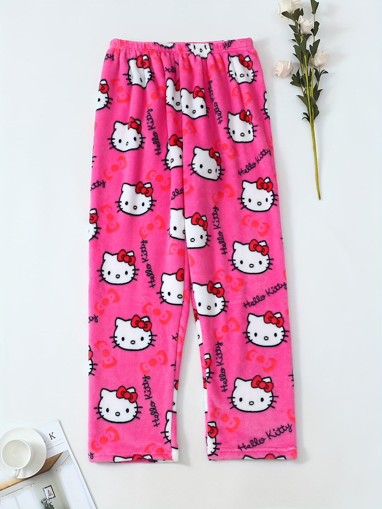 Damen Flanell Schlafhose | Warmes Polyester | Halloween Hello Kitty Druck | Gemütliche Lange Lounge-Pyjama-Hose