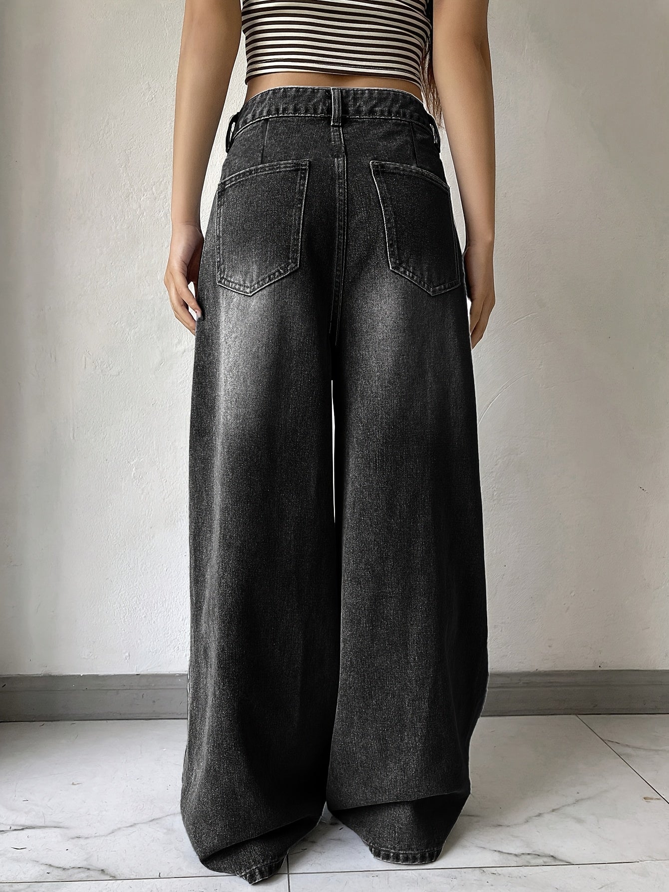 Chic High-Waisted Wide-Leg Black Denim – Relaxed Fit Casual Jeans