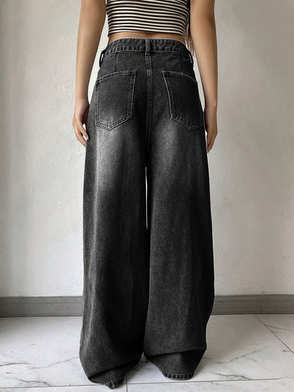 Chic High-Waisted Wide-Leg Black Denim – Relaxed Fit Casual Jeans