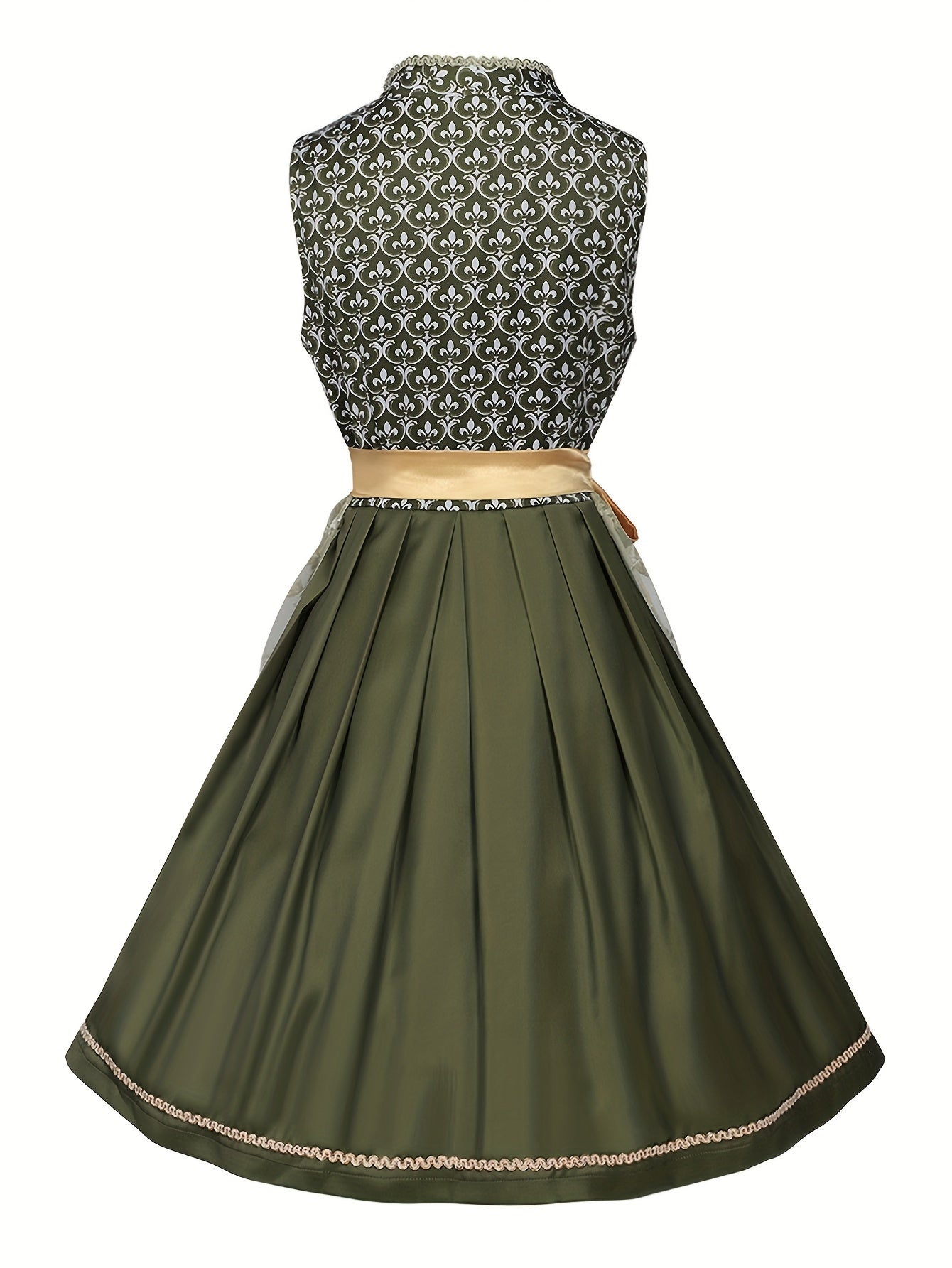 Vintage Olive Green Dirndl Dress – Alpine Style with Gold Lace & Floral Embroidery