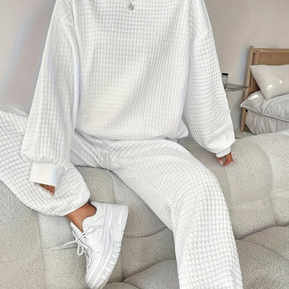 Women's Two-Piece Knit Loungewear Set | Solid Color | Oversized Crew-Neck Sweatshirt + Textured Knit Jogger Pants | Autumn Winter