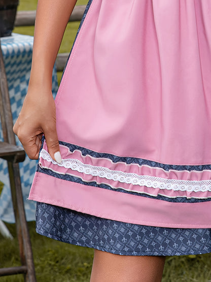 Elegant Navy Blue Dirndl – Sleeveless Polka Dot Dress with Pink Apron