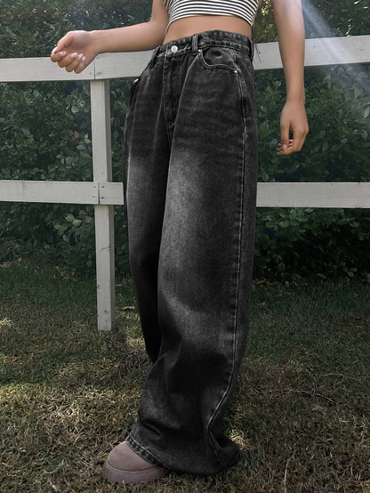 Chic High-Waisted Wide-Leg Black Denim – Relaxed Fit Casual Jeans