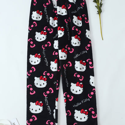Damen Flanell Schlafhose | Warmes Polyester | Halloween Hello Kitty Druck | Gemütliche Lange Lounge-Pyjama-Hose