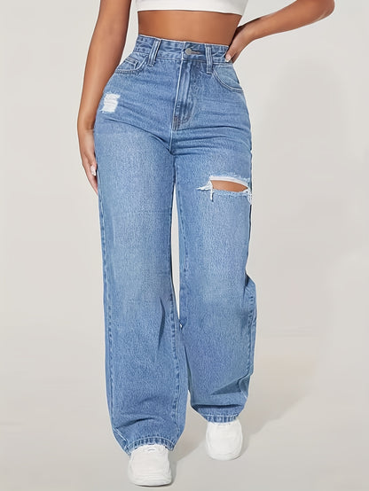 High-Waisted Wide-Leg Ripped Jeans – Comfortable Stretch Denim with Modern Distressed Look