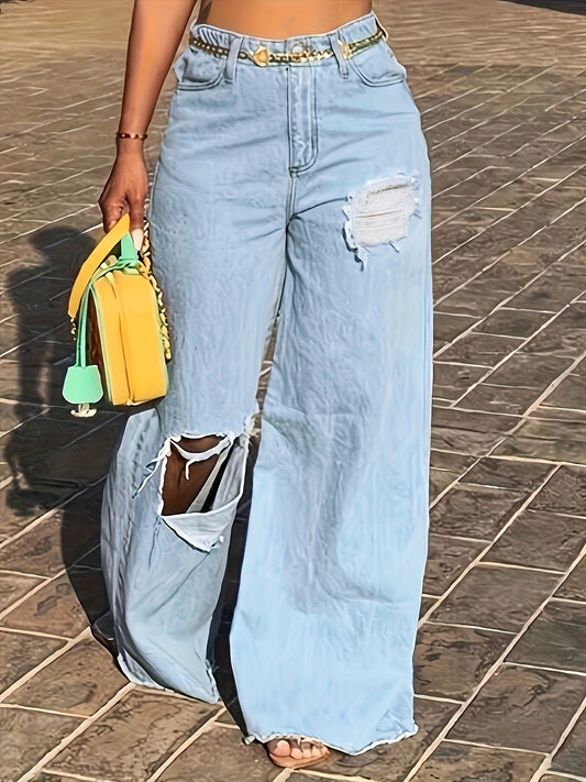 DenimVibe Wide-Leg Jeans – Lightweight High-Rise Distressed Denim with Elastic Waistband