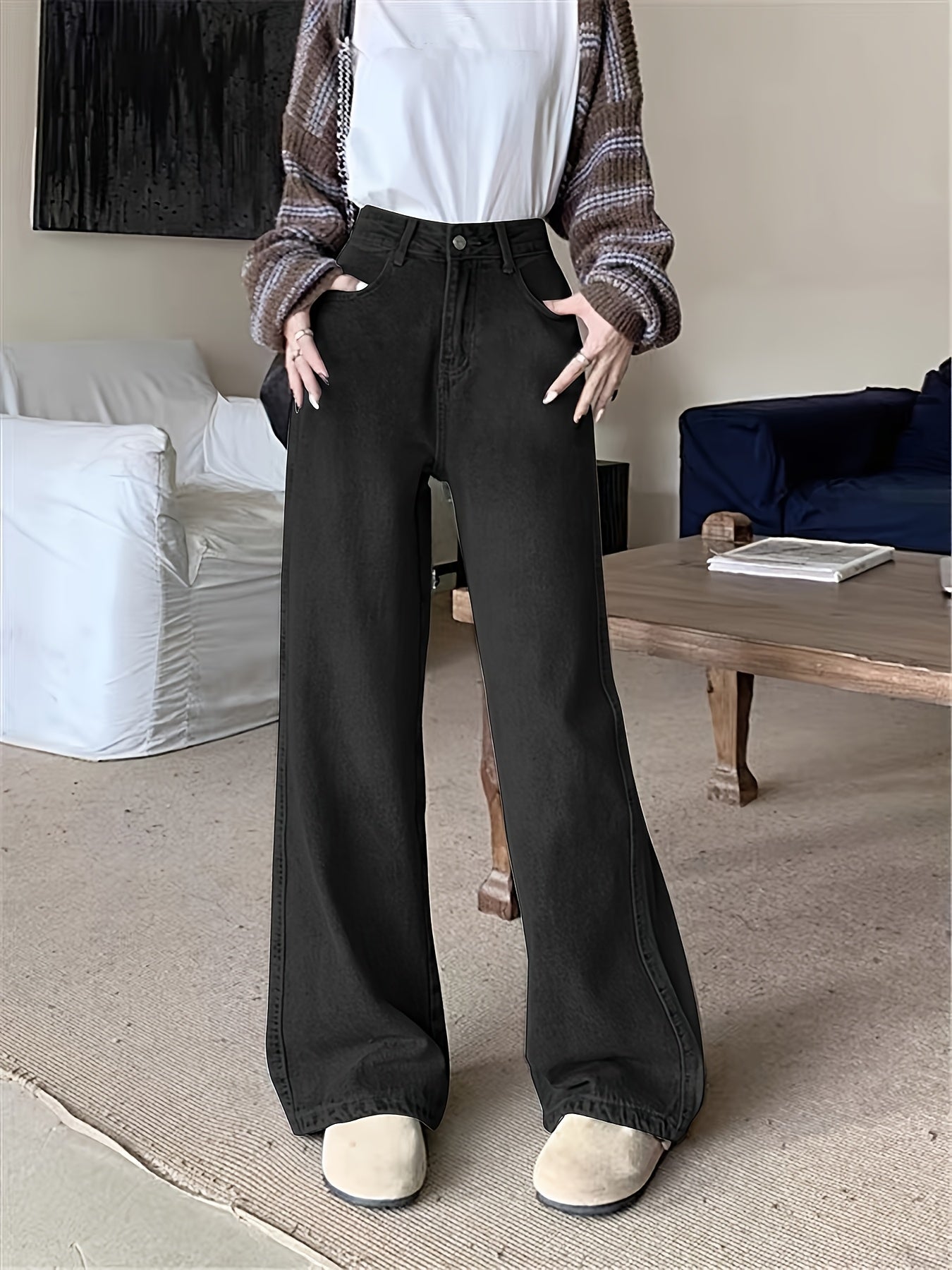 RetroLoom Vintage Denim Pants – Distressed Wide-Leg High-Waisted Jeans with Soft Comfort