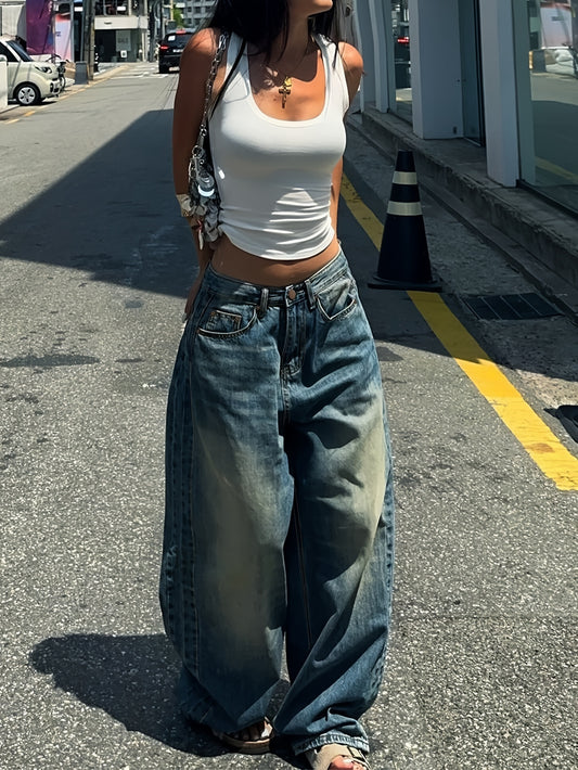 Vintage Oversized Straight-Leg Jeans – Heavyweight Distressed Denim