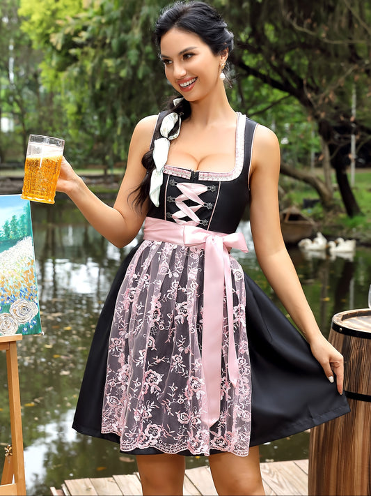 NoirBelle Vintage Dirndl Dress – Elegant Square Neckline with Floral Embroidery