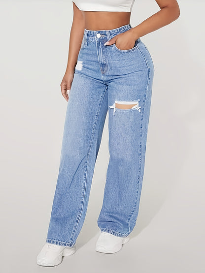 High-Waisted Wide-Leg Ripped Jeans – Comfortable Stretch Denim with Modern Distressed Look