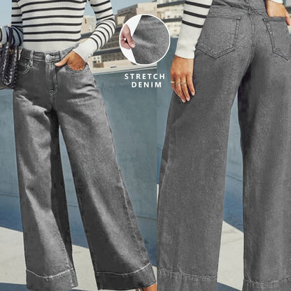 Wide-Leg Stretch Denim Jeans – High-Waist Flexible Comfort with Cuffed Hem