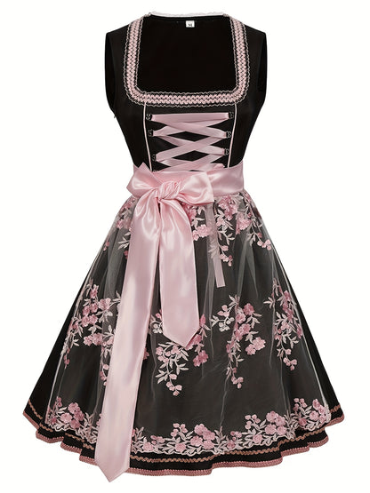 RosetteCharm Dirndl – Elegant Black Floral Embroidered Dress with Satin Sash