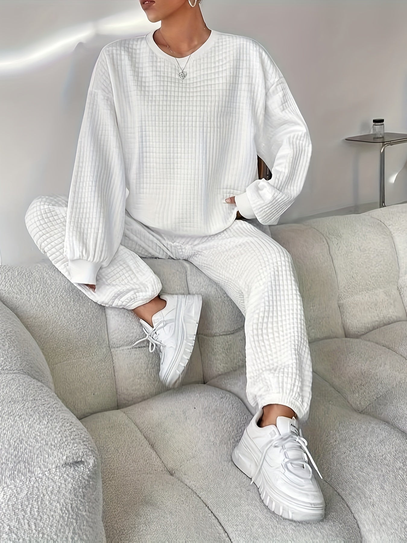 Women's Two-Piece Knit Loungewear Set | Solid Color | Oversized Crew-Neck Sweatshirt + Textured Knit Jogger Pants | Autumn Winter