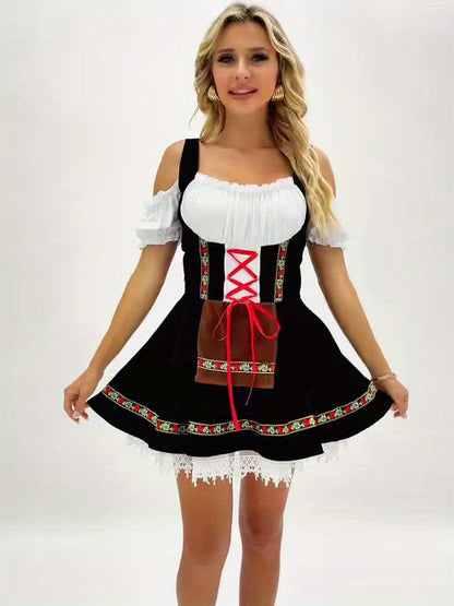 FestiCharm Dirndl Dress – Traditional Bavarian Oktoberfest Dress with Floral Trim and Apron