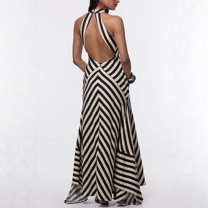 Geometric Stripe Maxi Dress with Open Back and Flowing Hem — Bold Graceful Movement