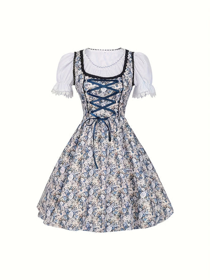 AlpineVibe – Authentic Bavarian Floral Dirndl Dress with Lace-Up Detail